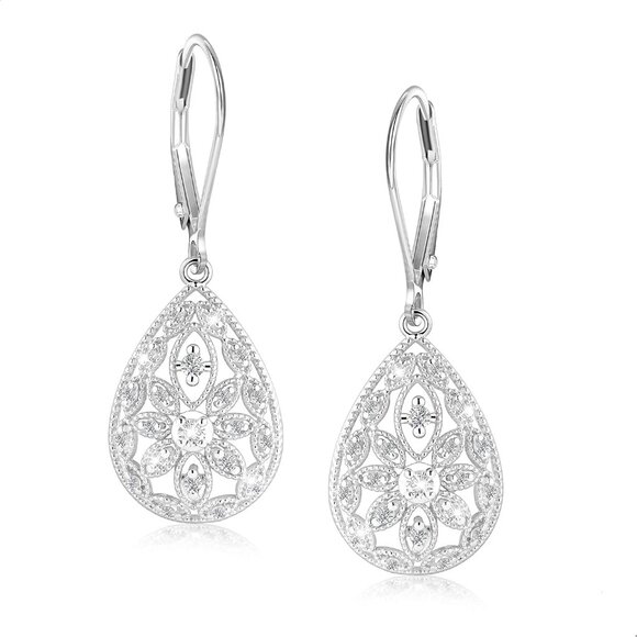 Women's 925 Sterling Silver Teardrop Dangle Earrings Cubic Zirconia Leverback - Picture 1 of 8